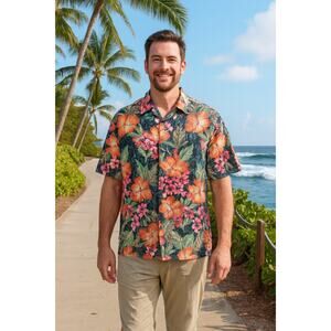 Caribbean Silk Blend Camp Shirt Mens Size XL Vacation Resort Tropical Hawaiian